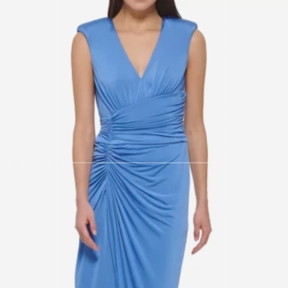 Vince Camuto Ruched Front-slit V-neck Gown Blue NEW Size 4 VC-4331 - Picture 7 of 8